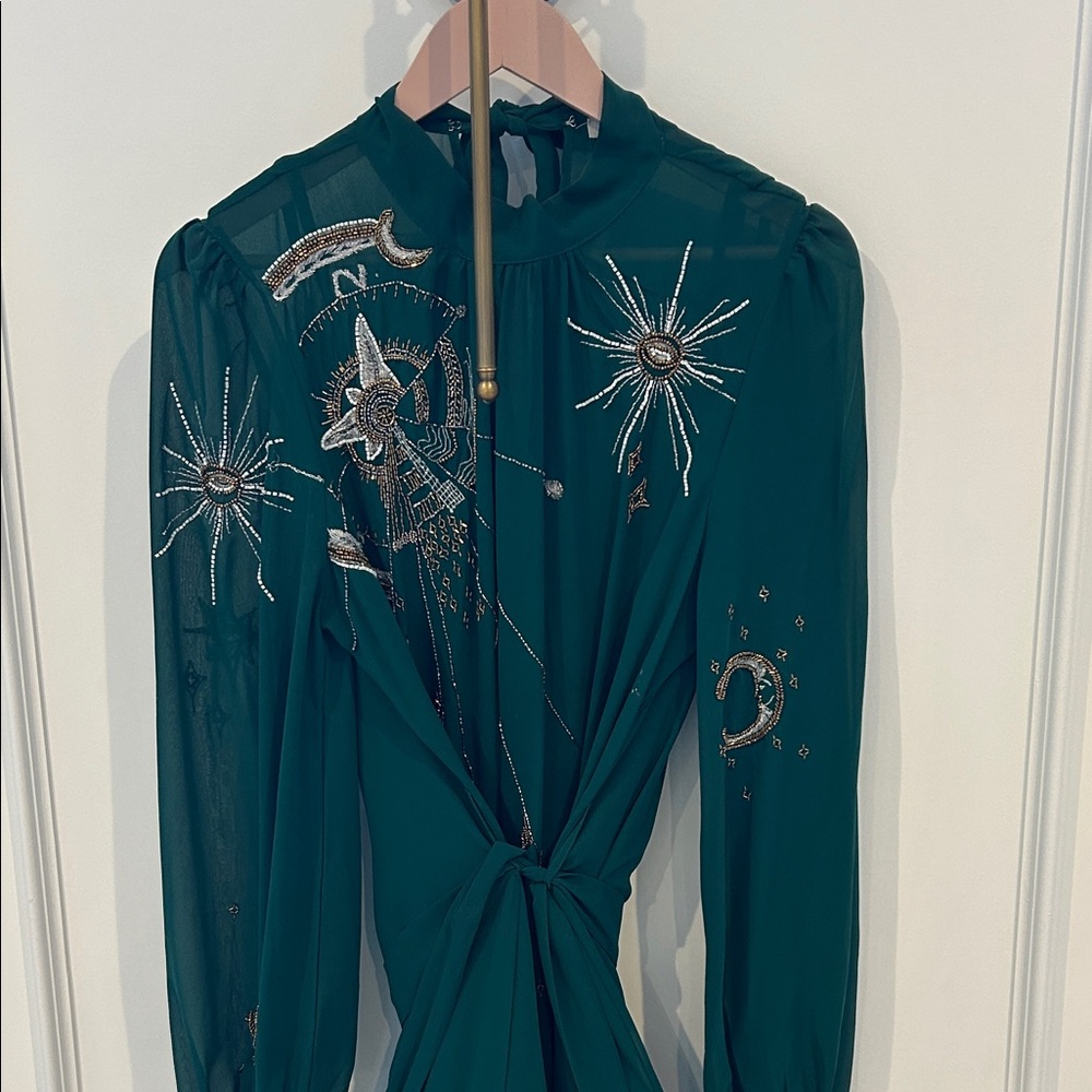 Embellished Teal Long Sleeve Maxi Dress